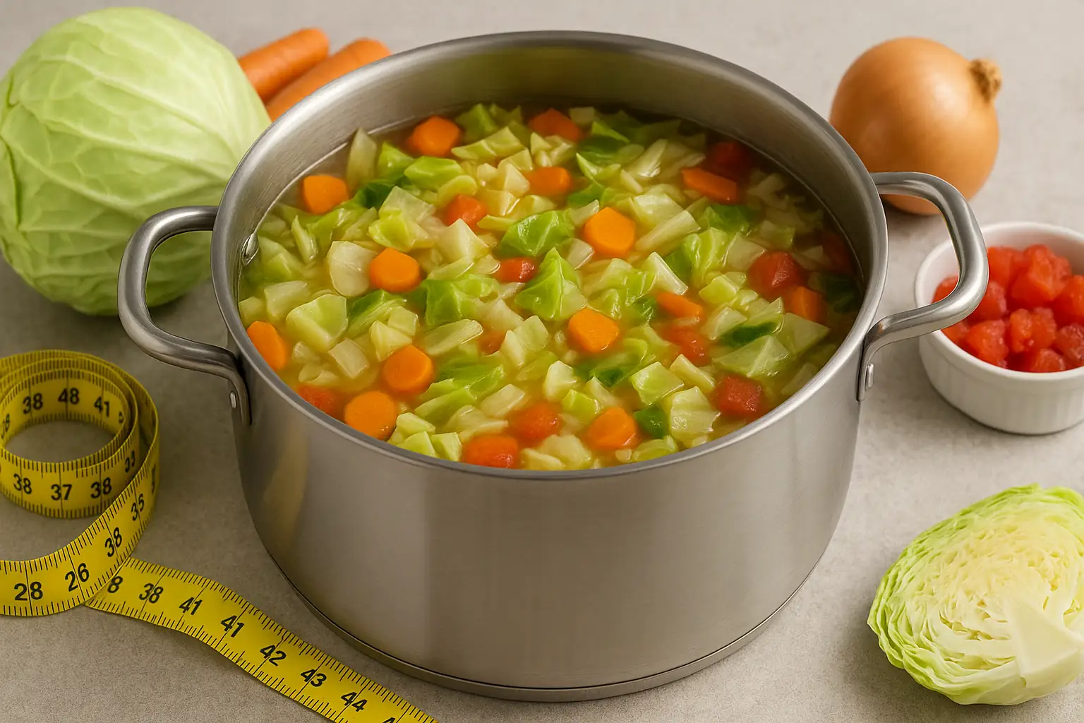 Marmite de soupe au chou avec carottes, céleri et tomates sur un plan de travail, accompagnée d’un chou frais et d’un ruban de mesure, illustrant la recette de la soupe au chou pour maigrir