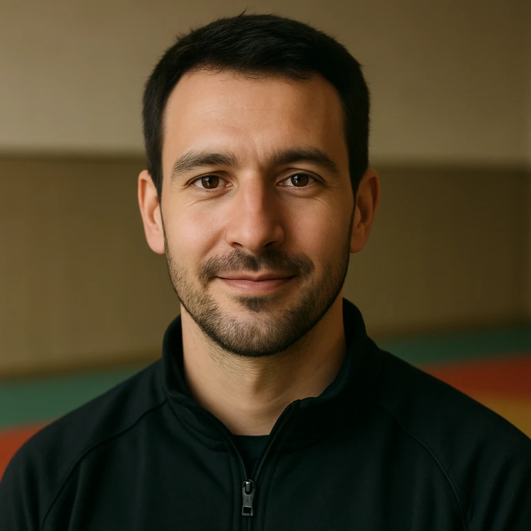 Portrait du rédacteur — homme brun souriant, fond de dojo