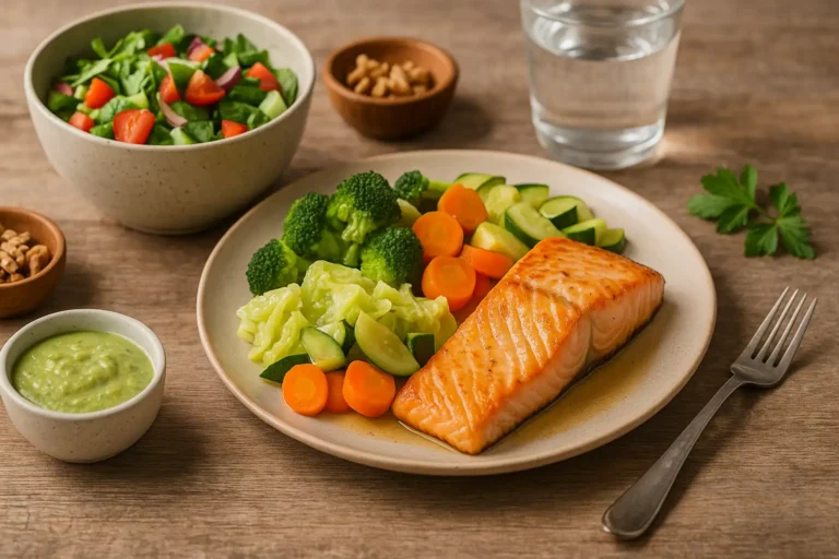 Assiette de saumon et légumes vapeur colorés avec salade verte et verre d’eau, illustrant un repas de régime anti-inflammatoire pour favoriser la perte de poids