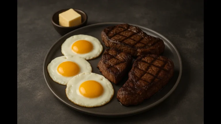 Régime carnivore : assiette de viande et œufs illustrant une alimentation 100 % animale sans légumes