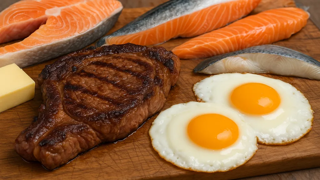 Assiette de viande rouge, œufs et beurre illustrant un repas type du régime carnivore, sans légumes ni féculents.