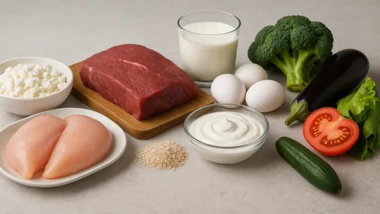 Sélection d’aliments hyperprotéinés typiques du régime Dukan, incluant poulet, bœuf maigre, œufs, lait, fromage blanc et légumes pauvres en glucides