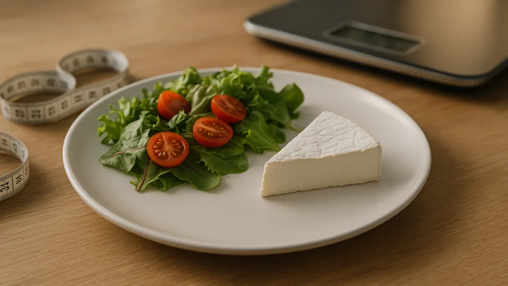 Assiette équilibrée avec petite portion de fromage, salade verte et pain complet, illustrant un régime pour maigrir sans supprimer le fromage