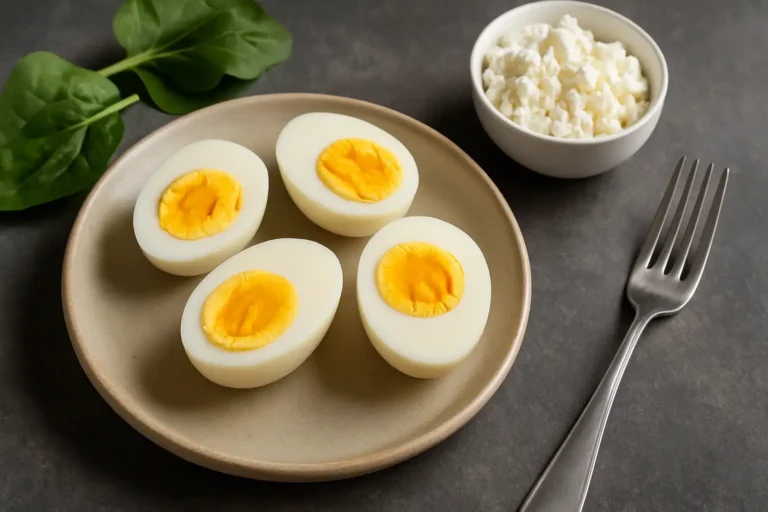 Assiette de moitiés d'œufs durs accompagnée de feuilles d’épinards et d’un bol de fromage blanc sur fond sombre, illustrant le régime aux œufs durs