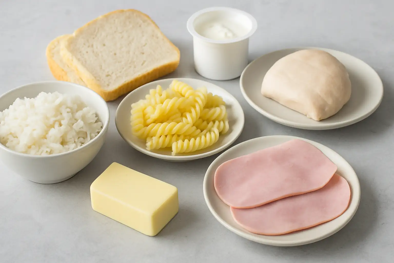 Sélection d’aliments pauvres en fibres comme riz blanc, pain blanc, pâtes, jambon et poulet, illustrant un régime sans résidu