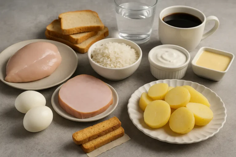 Assortiment réaliste d’aliments autorisés dans un régime sans résidu strict avant une coloscopie, incluant riz blanc, jambon, œufs durs, poulet, pain blanc et bouillon