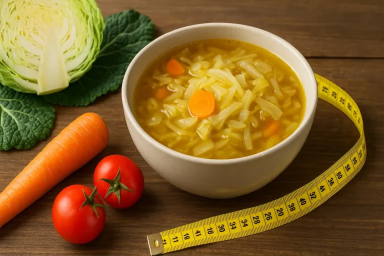 Bol de soupe au chou maison avec légumes frais sur une table en bois, illustrant un régime soupe au chou sur 14 jours