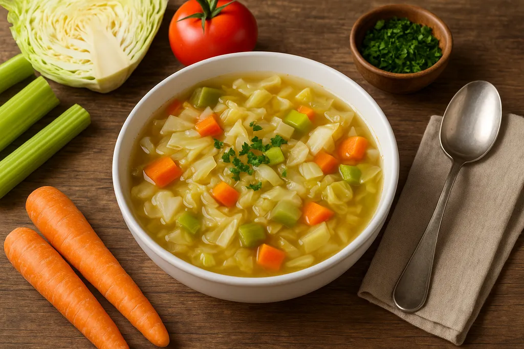 Bol de soupe au chou maison dans un bol en céramique, posé sur une table en bois, illustrant le régime soupe au chou 14 jours