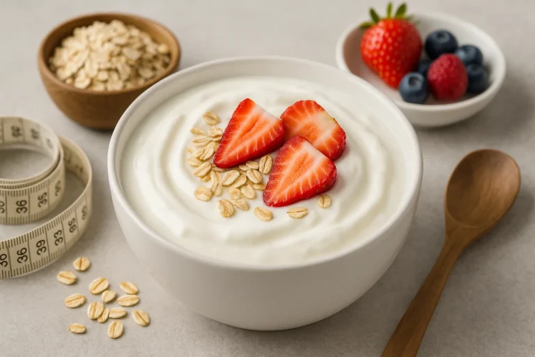 Bol de yaourt nature garni de fraises et flocons d’avoine avec ruban de mesure, illustrant le régime yaourt et la perte de poids encadrée