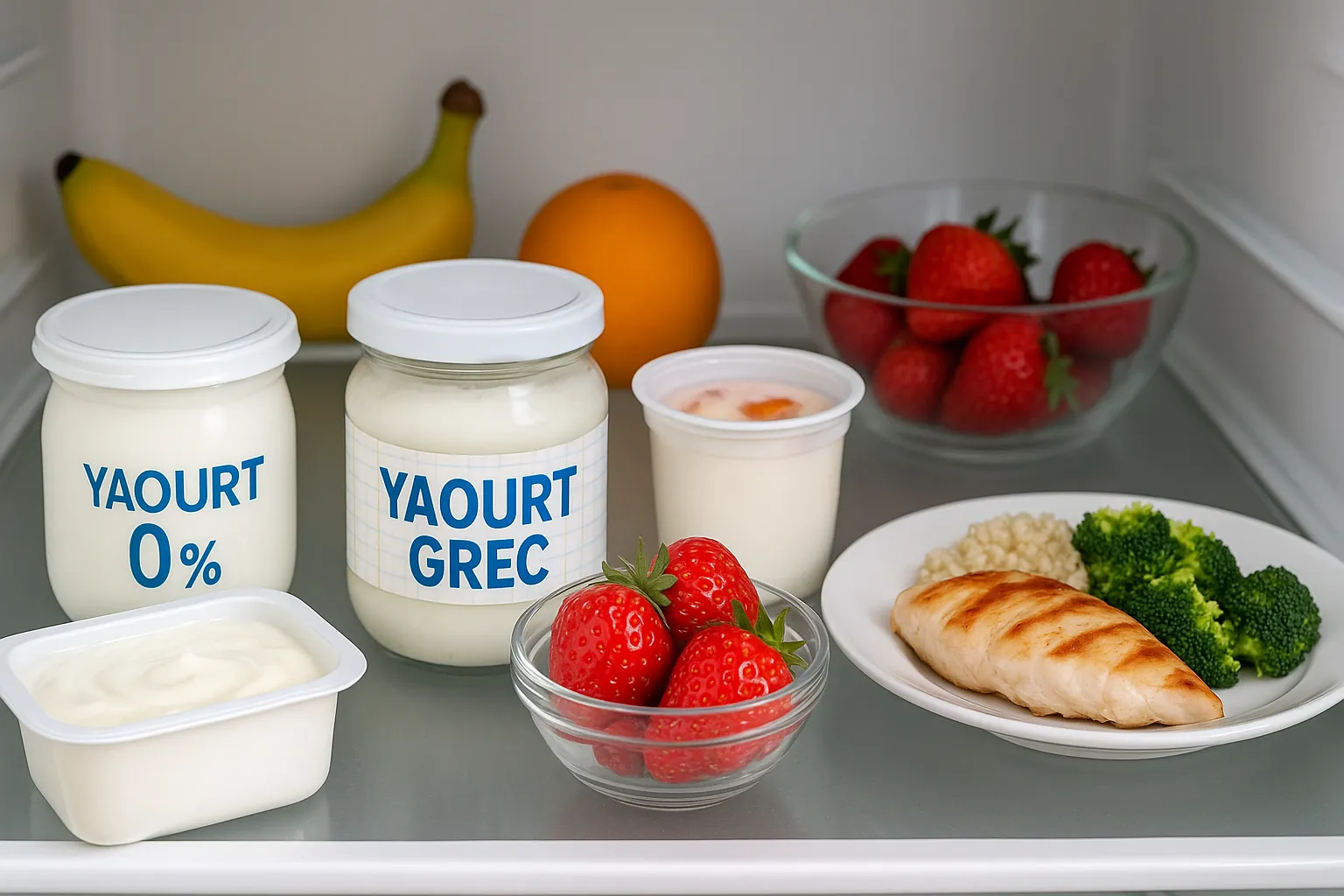 Différents yaourts 0 %, yaourt grec et fruits frais alignés dans un réfrigérateur avec assiette de repas équilibré, illustrant l’utilisation du yaourt dans un régime amaigrissant varié 