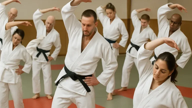 groupe mixte en judogi réalisant des étirements synchronisés dans un dojo, ambiance calme et concentrée — taïso