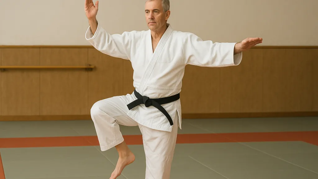 exercice d’équilibre du taïso : pratiquant en judogi sur un pied, bras ouverts, travail de proprioception sur tatami