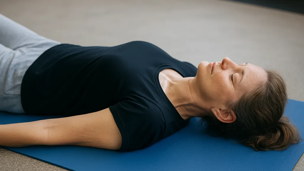 retour au calme du taïso : pratiquante allongée sur tapis, yeux fermés, respiration lente et relâchement musculaire