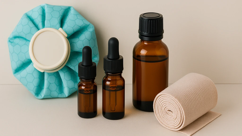 composition réaliste : poche de froid, flacons d’huiles essentielles ambrés et bandage élastique sur fond beige, éclairage doux