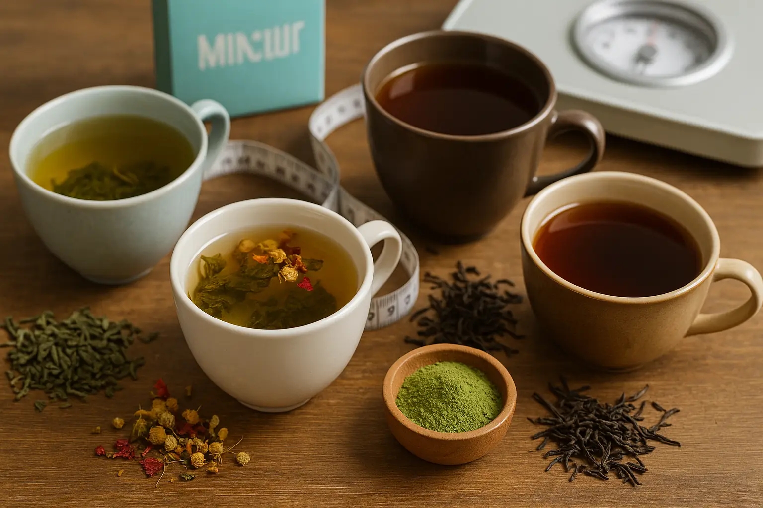 Tasses de différents thés et tisanes disposées sur une table en bois avec poudre de matcha et ruban de mesure, illustrant les boissons chaudes dans une démarche de perte de poids 
