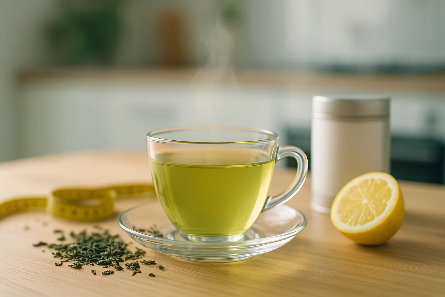 Tasse de thé vert fumant sur une table en bois avec citron et ruban de mesure, illustrant le rôle du thé dans la perte de poids progressive