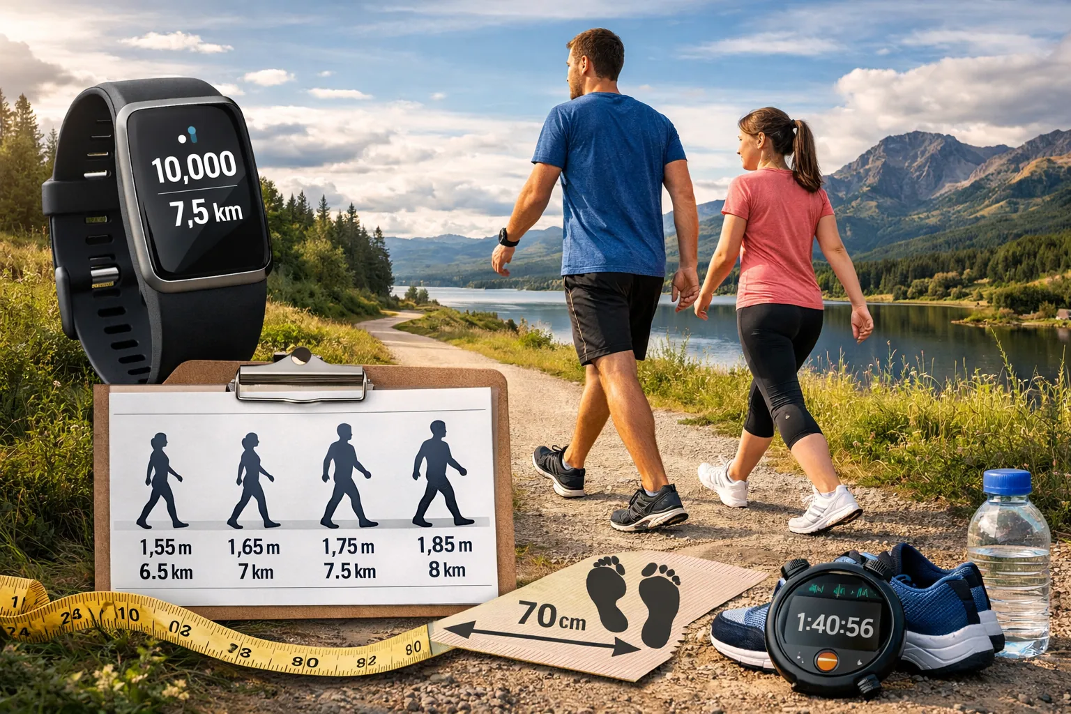 Couple marchant sur un chemin en pleine nature avec montre connectée indiquant 10 000 pas, illustrant la conversion de 10 000 pas en kilomètres selon la longueur de foulée et la morphologie.