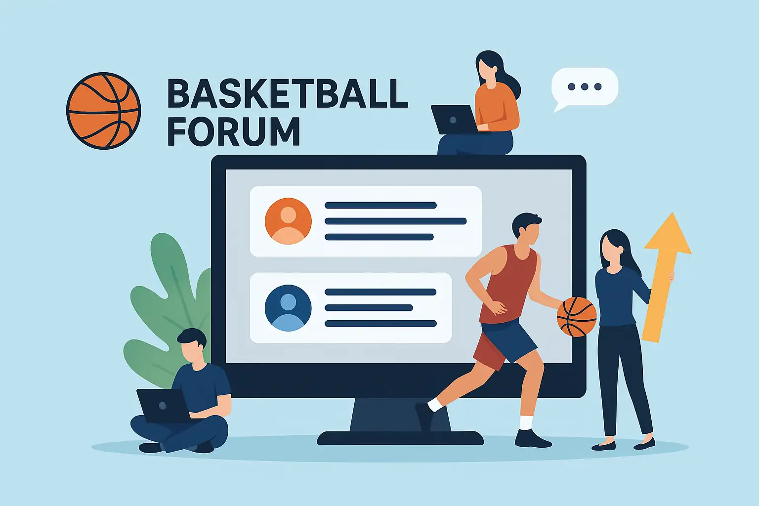 Illustration représentant un forum de discussion dédié au basketball français, avec des membres échangeant en ligne autour des matchs, des équipes et de l’actualité basket