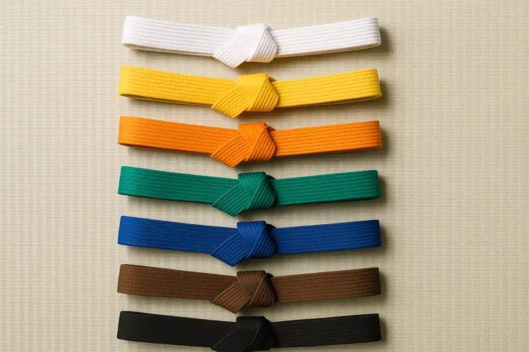 Ordre des ceintures au judo de la blanche à la noire disposées sur un tatami, illustrant la progression des grades kyu et dan.