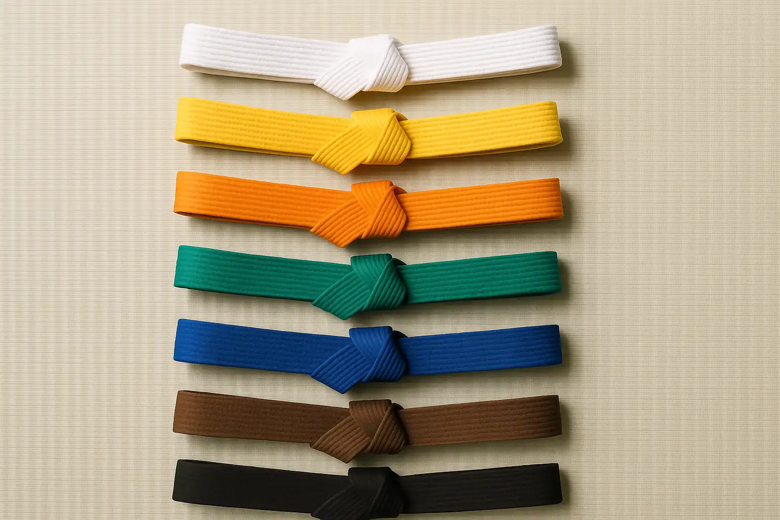 Ordre des ceintures au judo de la blanche à la noire disposées sur un tatami, illustrant la progression des grades kyu et dan.