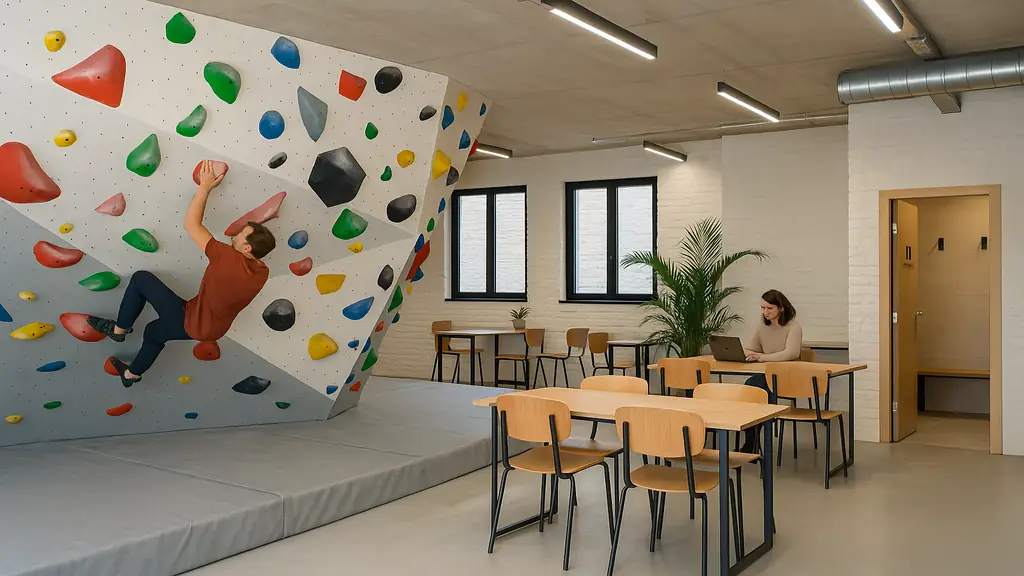 Salle d’escalade de bloc Climbing District Saint-Lazare à Paris 8e avec murs de grimpe modernes et espace coworking lumineux
