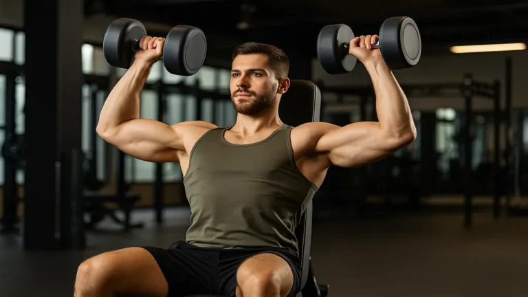 Développé militaire haltères assis réalisé en salle de musculation, exercice ciblant les épaules et les triceps avec une exécution contrôlée