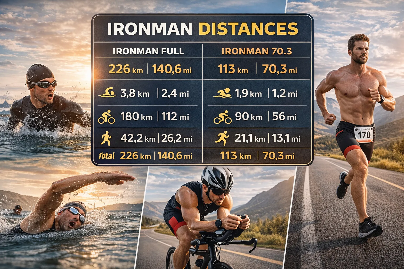 Illustration comparative des distances Ironman full et Ironman 70.3 avec natation, vélo et course à pied, montrant la distance totale de 226 km pour l’Ironman complet et 113 km pour le format half.