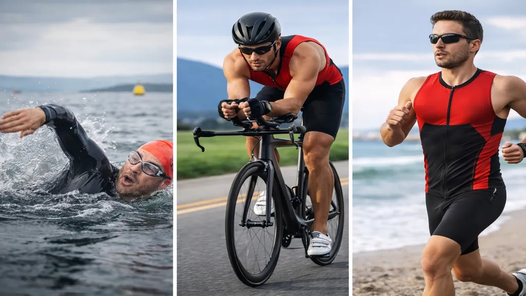 Triathlète pratiquant la natation, le cyclisme et la course à pied, illustrant les différentes distances du triathlon du format sprint à l’Ironman.