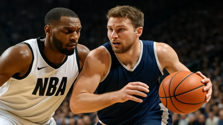 Match de basketball en cours avec deux joueurs professionnels en action sur le terrain, illustrant la durée réelle d’un match de basket FIBA et NBA