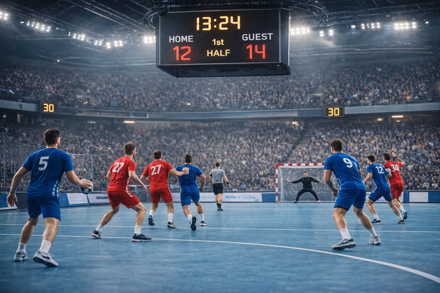 Match de handball en salle avec joueurs en action devant le but et tableau d’affichage visible, illustrant la durée officielle d’un match de handball et le temps de jeu effectif en compétition.