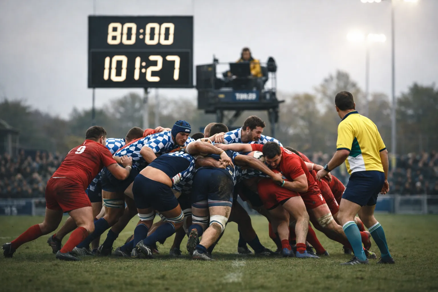 Phase de mêlée en fin de match de rugby à XV sous pression, illustrant la durée réelle d’un match de rugby avec arrêts de jeu et temps additionnel.