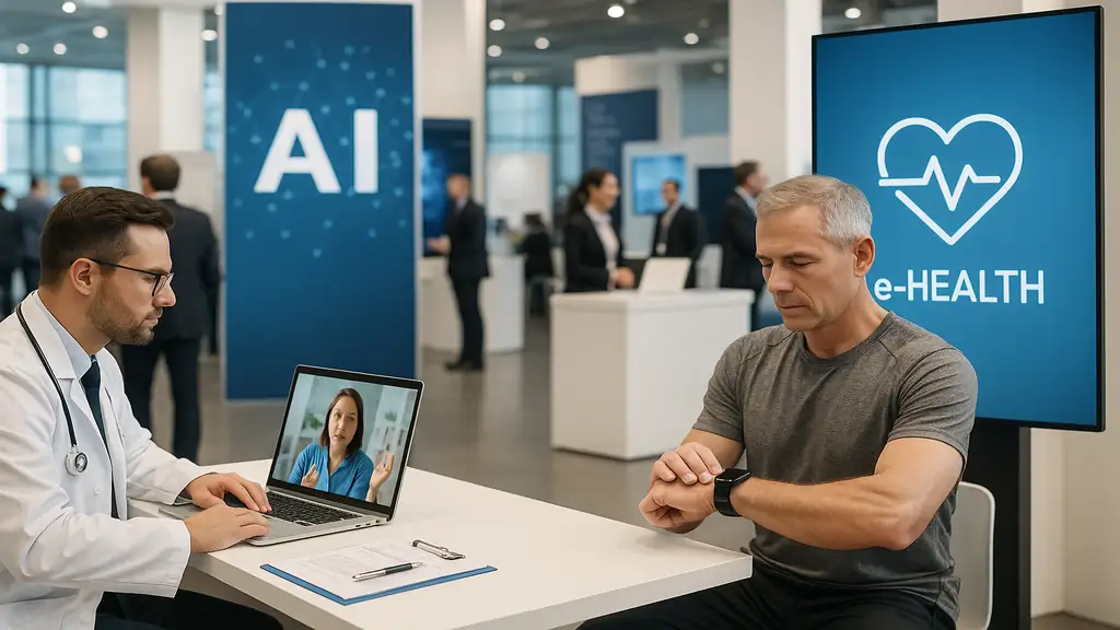 Écosystème de la e-santé avec téléconsultation, objets connectés et innovations en santé numérique lors d’un congrès médical
