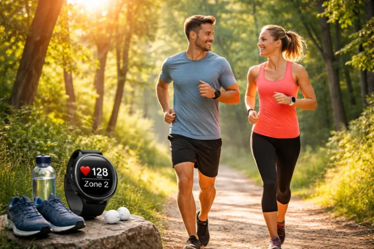 Coureur et coureuse pratiquant l’endurance fondamentale sur un chemin forestier, allure confortable en zone 2 avec fréquence cardiaque modérée lors d’un footing en nature.