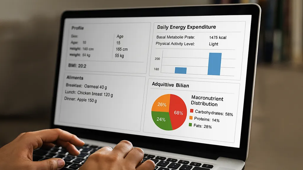Logiciel pédagogique Equil’al affiché sur ordinateur, montrant un bilan nutritionnel avec IMC, dépenses énergétiques et répartition des macronutriments en SVT