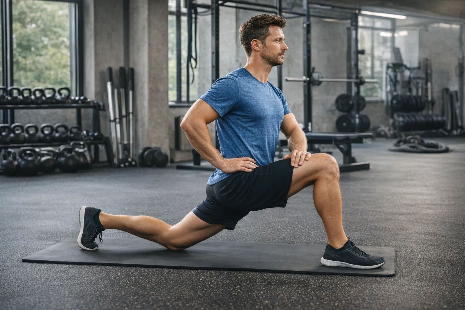 Homme réalisant un étirement du psoas en position de fente au sol avec rétroversion du bassin, exercice efficace pour relâcher les fléchisseurs de hanche et protéger les lombaires.