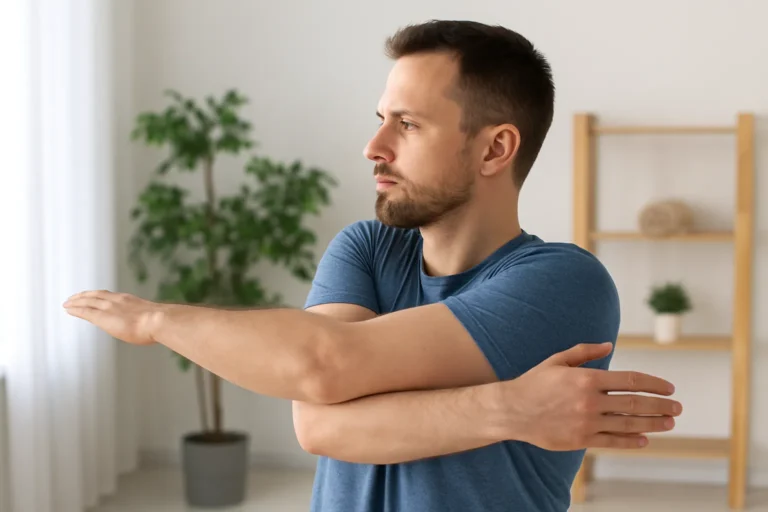 Homme réalisant un étirement de l’épaule dans une pièce lumineuse, montrant la posture correcte pour assouplir les muscles.