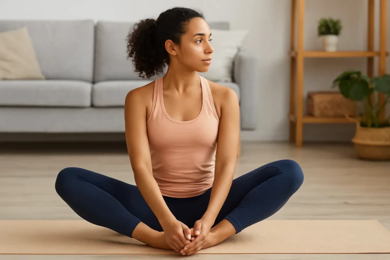 Femme en position papillon effectuant un étirement des hanches dans un salon lumineux sur un tapis de yoga.