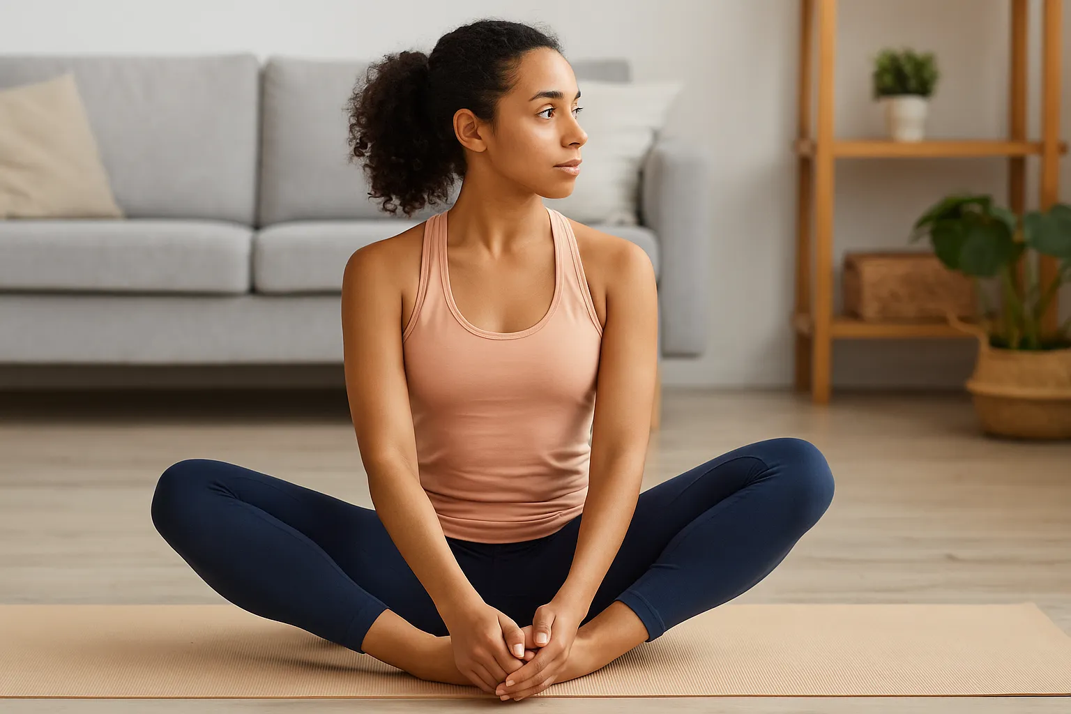 Femme en position papillon effectuant un étirement des hanches dans un salon lumineux sur un tapis de yoga.