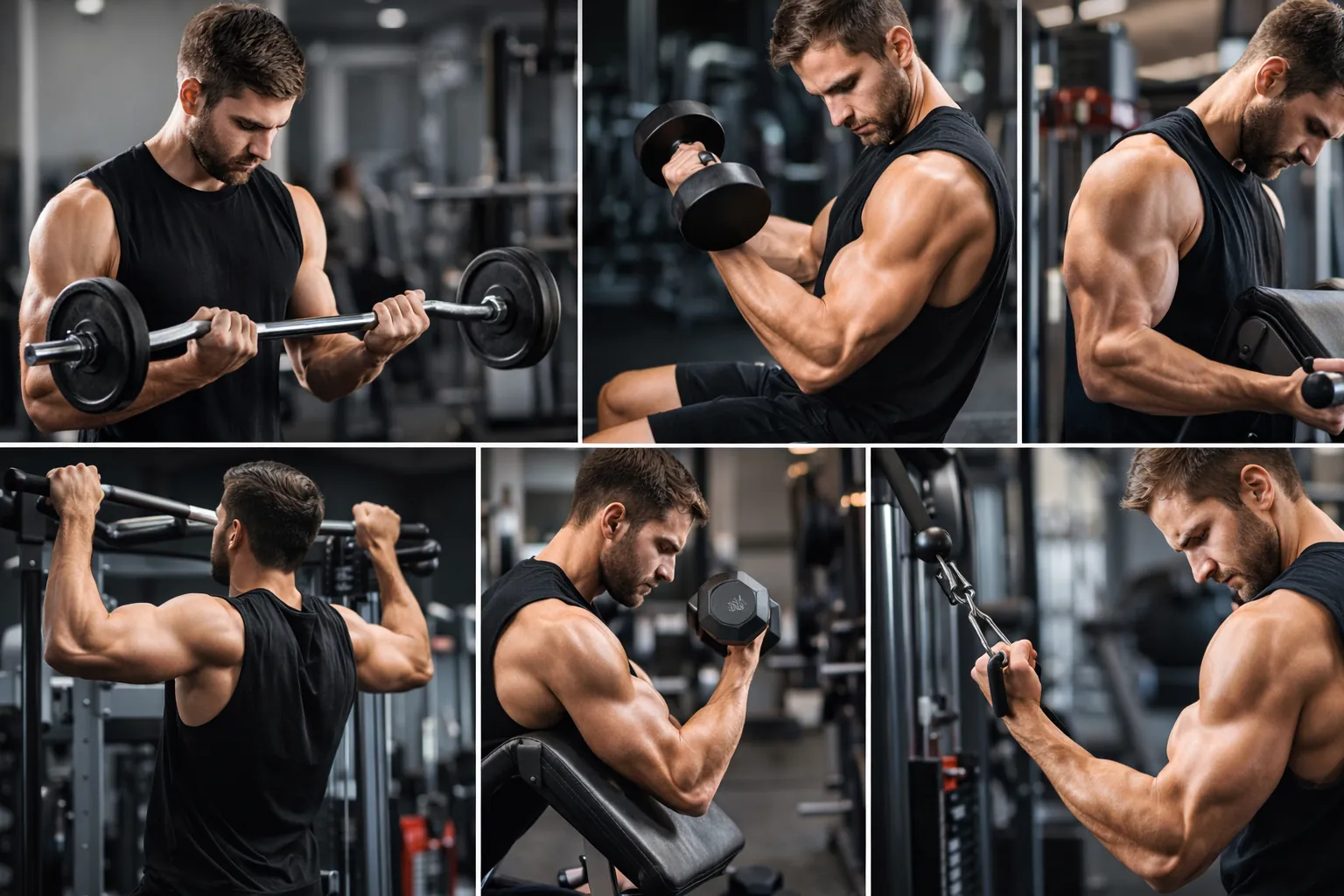 Homme musclé réalisant différents exercices biceps en salle de sport, dont curl barre, curl haltères, curl pupitre et curl poulie, illustrant les meilleurs exercices pour développer les biceps.