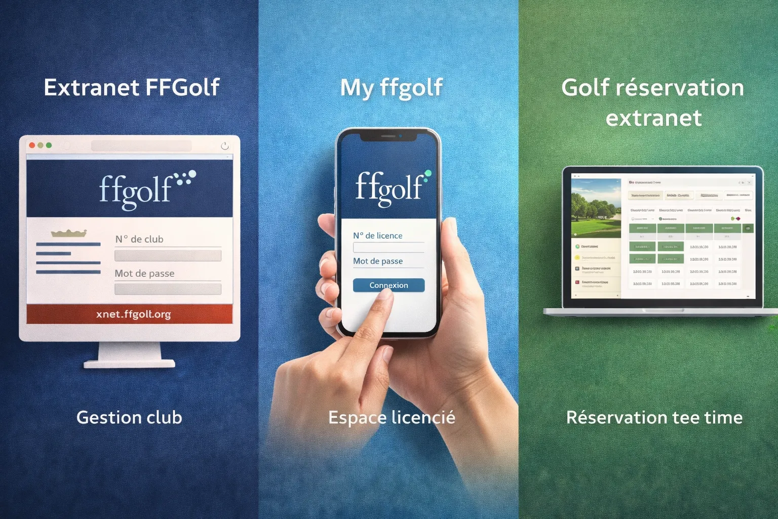 Illustration des différents extranets golf : extranet FFGolf pour la gestion des clubs, My ffgolf pour l’espace licencié et plateforme de réservation de tee time en ligne