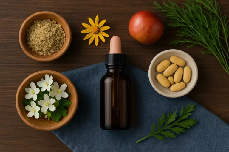 Fleurs de Bach pour le sommeil avec flacon ambré, fleurs blanches et plantes apaisantes disposés sur table en bois.