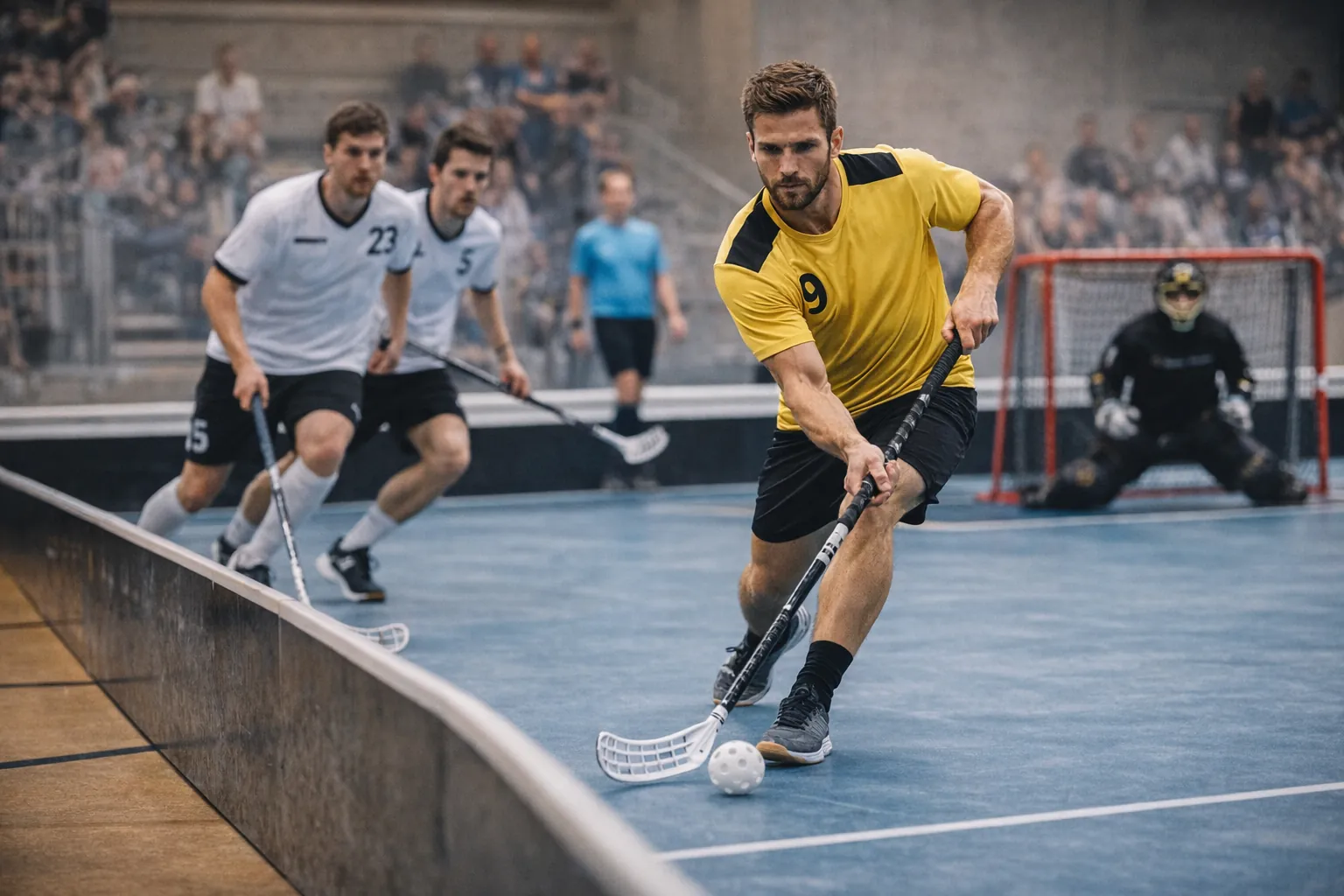 Match de floorball en salle avec joueurs utilisant une crosse et une balle perforée, attaque en cours devant le but adverse sur un terrain indoor avec bordures.