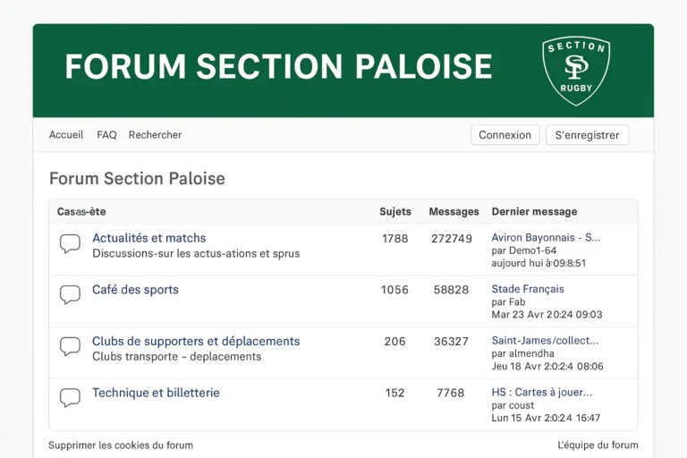Capture d’écran du forum Section Paloise Rugby montrant les rubriques de discussion entre supporters sur les matchs, le Top 14 et la vie du club palois