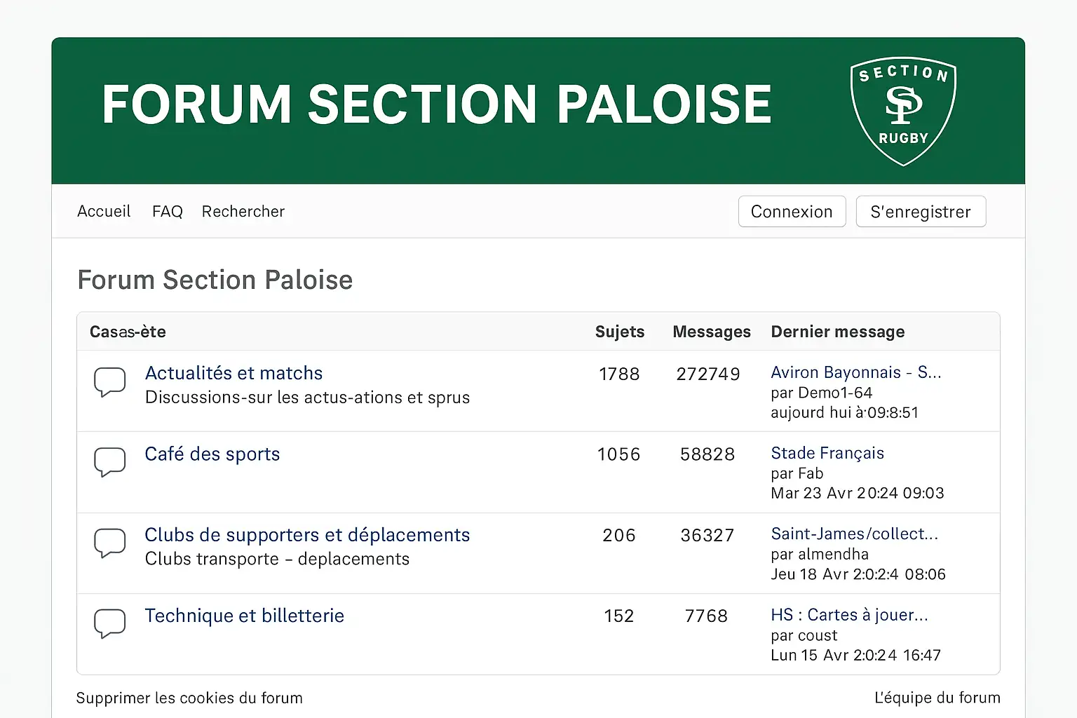 Capture d’écran du forum Section Paloise Rugby montrant les rubriques de discussion entre supporters sur les matchs, le Top 14 et la vie du club palois