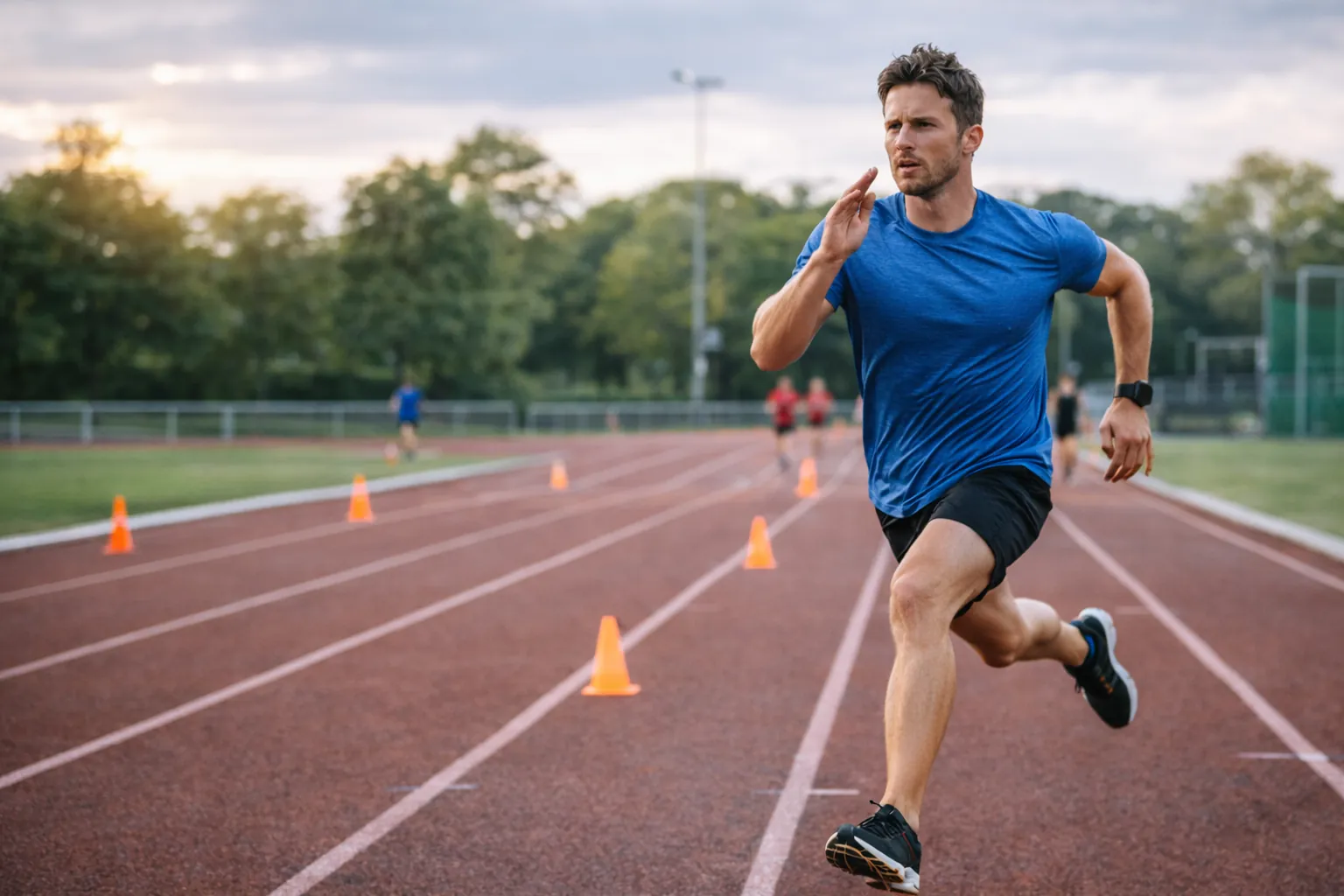 Coureur réalisant une séance de fractionné sur piste d’athlétisme, travail de vitesse et d’intervalles pour améliorer la VMA et le VO2max.