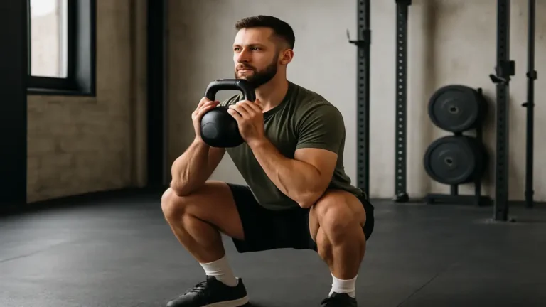 Athlète réalisant un goblet squat avec kettlebell en salle de sport, posture correcte et squat profond