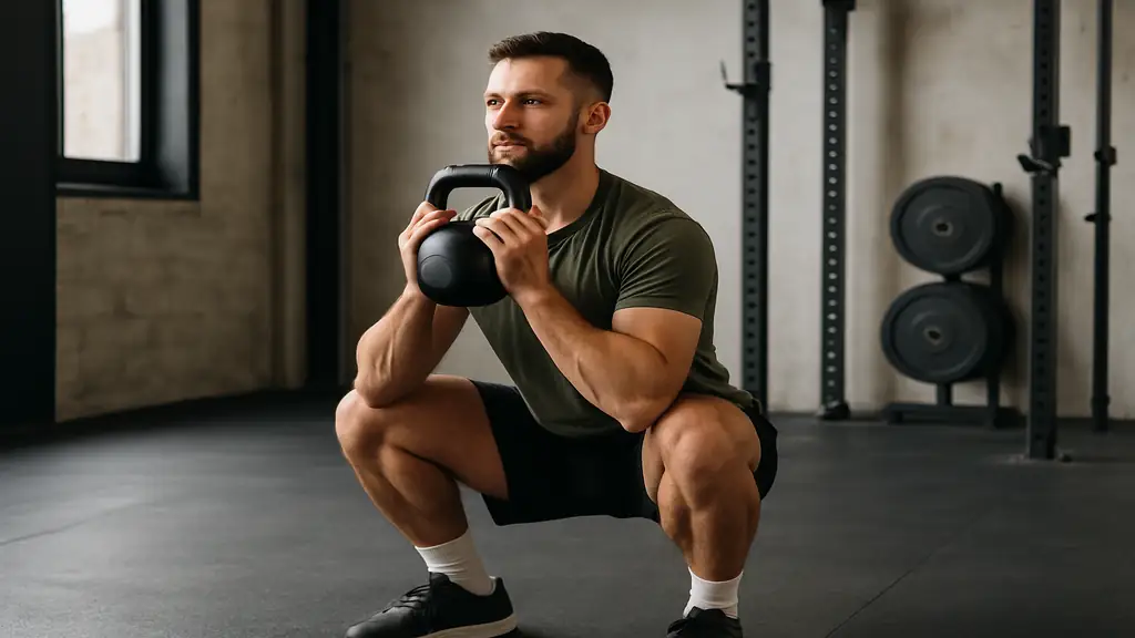 Athlète réalisant un goblet squat avec kettlebell en salle de sport, posture correcte et squat profond