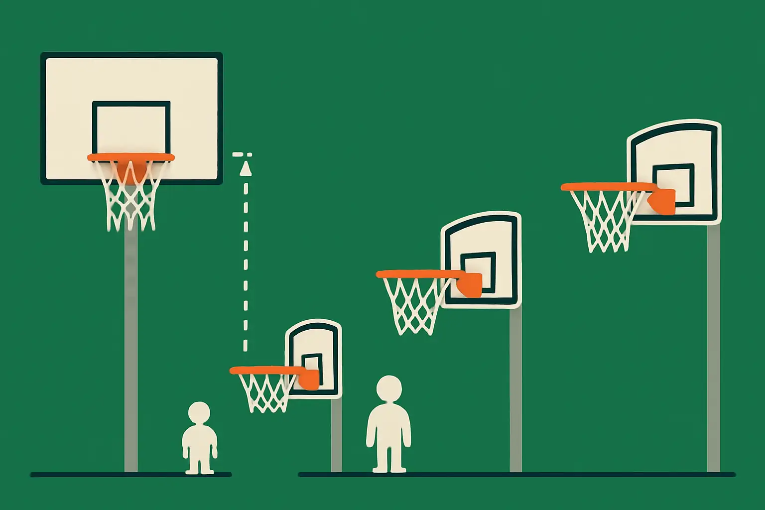 Illustration montrant différentes hauteurs de paniers de basket selon l’âge, avec comparaison visuelle entre paniers enfants et panier réglementaire adulte