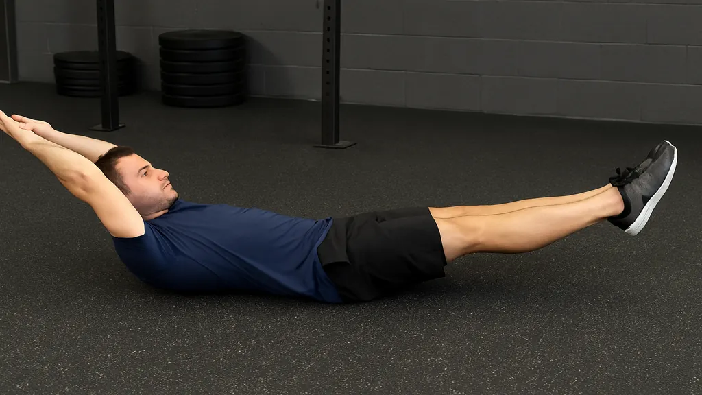 Exercice hollow hold réalisé au sol en salle de sport, gainage isométrique sollicitant les abdominaux avec le bas du dos plaqué au sol