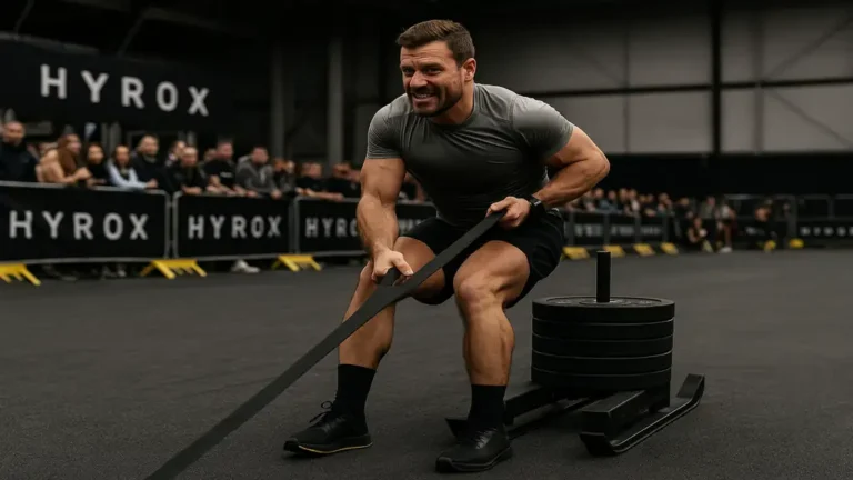 Athlète en compétition HYROX effectuant un sled pull lors d’une course indoor de fitness fonctionnel